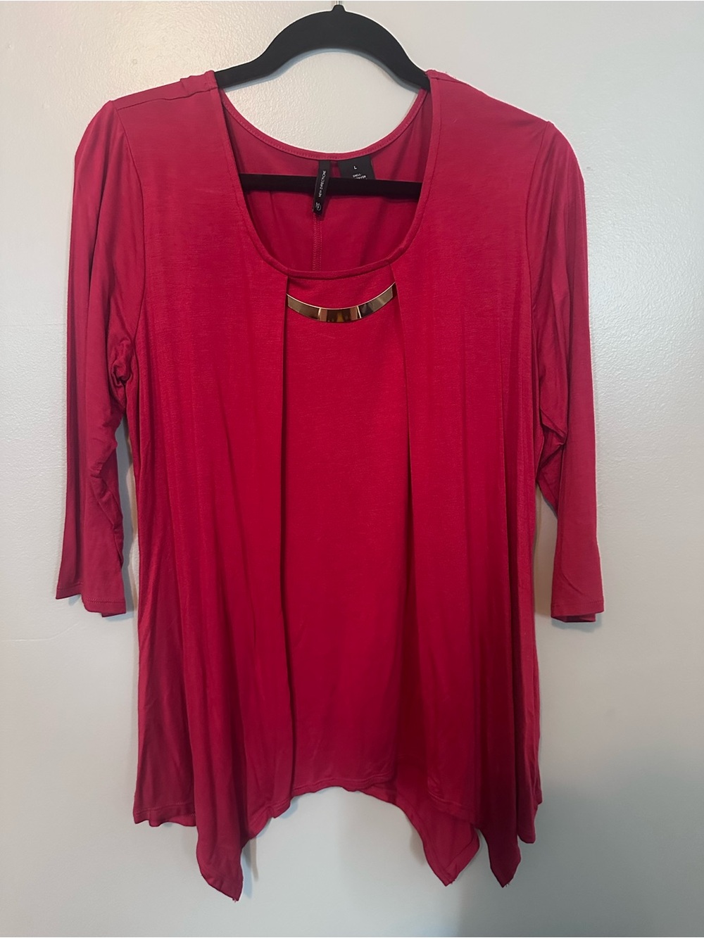 new directions Raspberry Layered Scoop Neck Tunic with Gold Bar